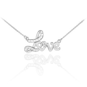 Diamond Decorative Love Script Pendant Necklace in 9ct White Gold