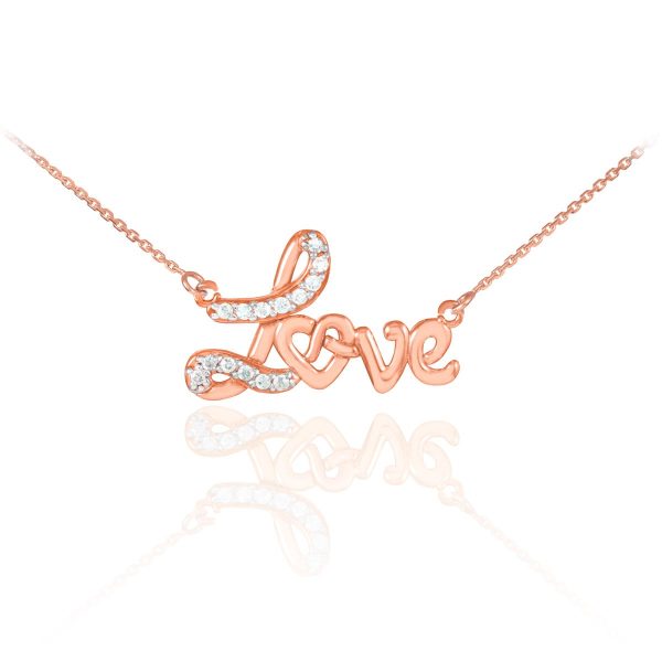 Diamond Decorative Love Script Pendant Necklace in 9ct Rose Gold