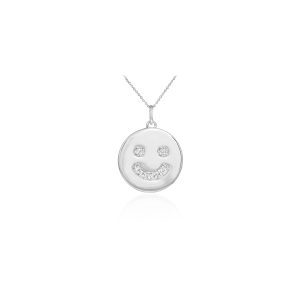 Diamond Smiley Face Pendant Necklace in 9ct White Gold