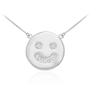 Diamond Smiley Face Pendant Necklace in 9ct White Gold