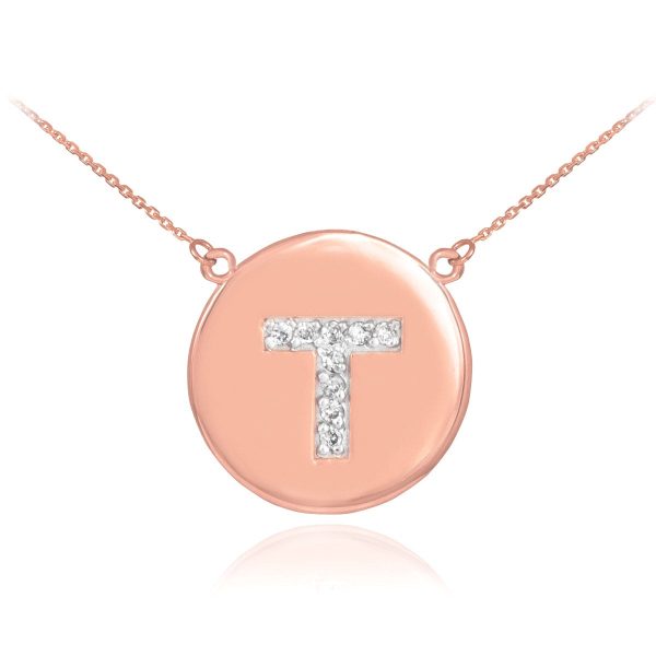 Letter T Diamond Medallion Pendant Necklace in 9ct Rose Gold