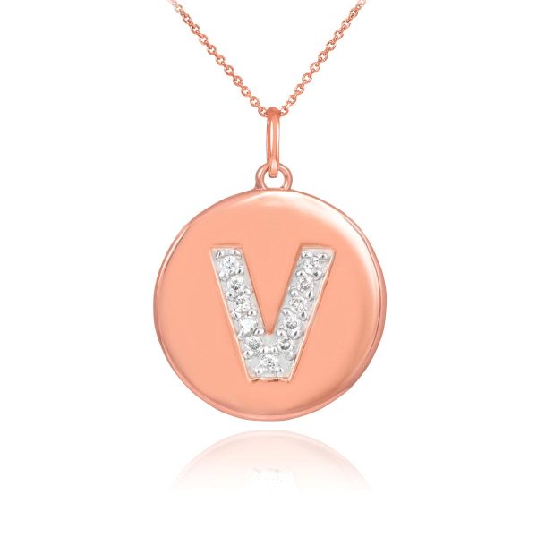 Letter V Diamond Drop Medallion Pendant Necklace in 9ct Rose Gold