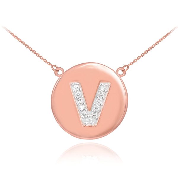 Letter V Diamond Medallion Pendant Necklace in 9ct Rose Gold