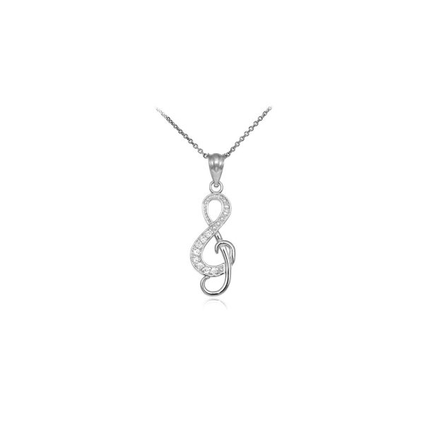 CZ Embellished Treble Clef Pendant Necklace in Sterling Silver