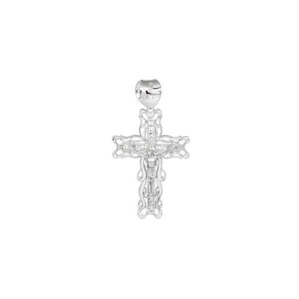 CZ Extra Large Filigree Cross Pendant Necklace in Sterling Silver