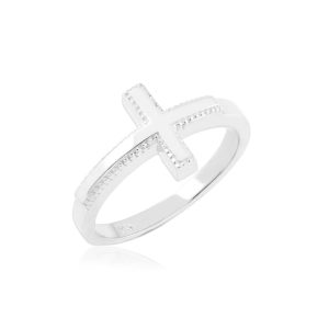 Textured Two Tone Sideways Cross Ring in Sterling Silver