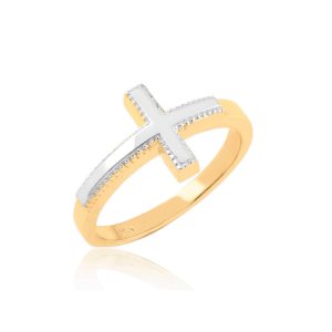 Textured Two Tone Sideways Cross Ring in 9ct Two-Tone Gold