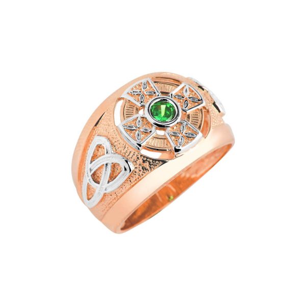 Men's Green CZ Celtic Ring in 9ct Two-Tone Rose Gold