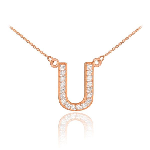 Letter U Diamond Embellished Initial Pendant Necklace in 9ct Rose Gold