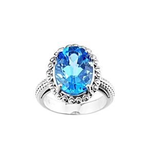 Blue CZ Imposing Beaded Band Ring in Sterling Silver