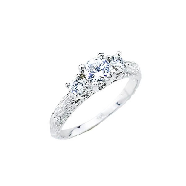 CZ Art Deco 3 Stone Engagement Ring in 9ct White Gold