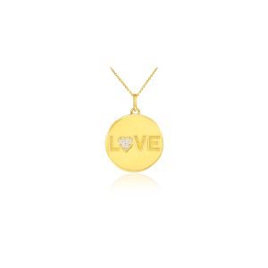 Diamond Love Script Disc Pendant Necklace in 9ct Gold