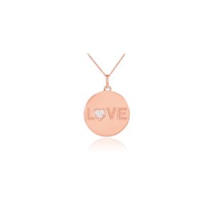 Diamond Love Script Disc Pendant Necklace in 9ct Rose Gold