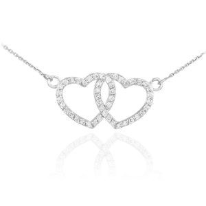 CZ Double Heart Pendant Necklace in 9ct White Gold