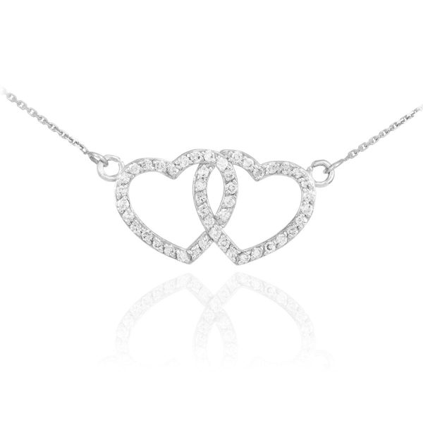 CZ Double Heart Pendant Necklace in 9ct White Gold