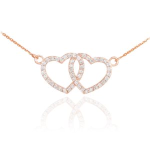 Diamond Studded Double Heart Pendant Necklace in 9ct Rose Gold