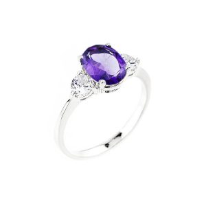 Amethyst & White Topaz Simple Trio Gemstone Ring in 9ct White Gold