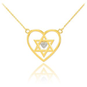 Diamond Star of David Pavé Heart Pendant Necklace in 9ct Gold