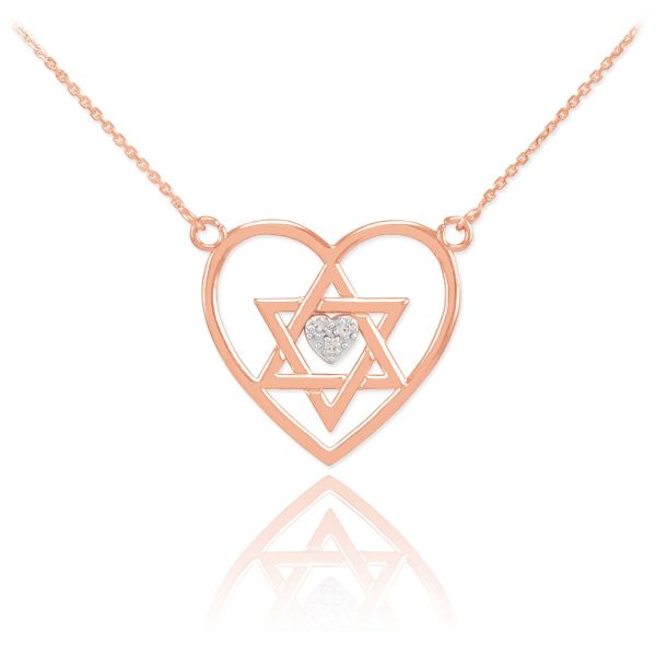 Diamond Star of David Pavé Heart Pendant Necklace in 9ct Rose Gold