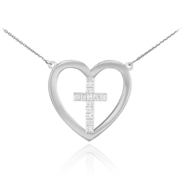 Diamond Heart Cross Pendant Necklace in 9ct White Gold