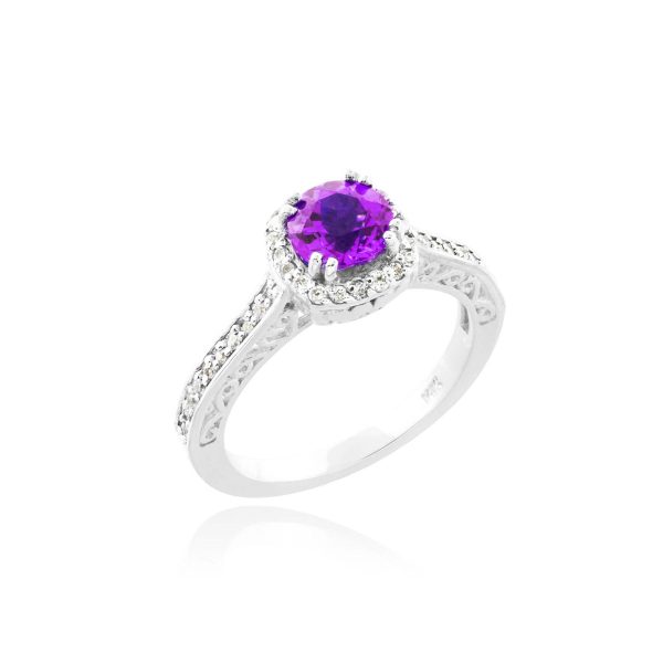 Amethyst & Diamond Pavé Halo Ring in 9ct White Gold