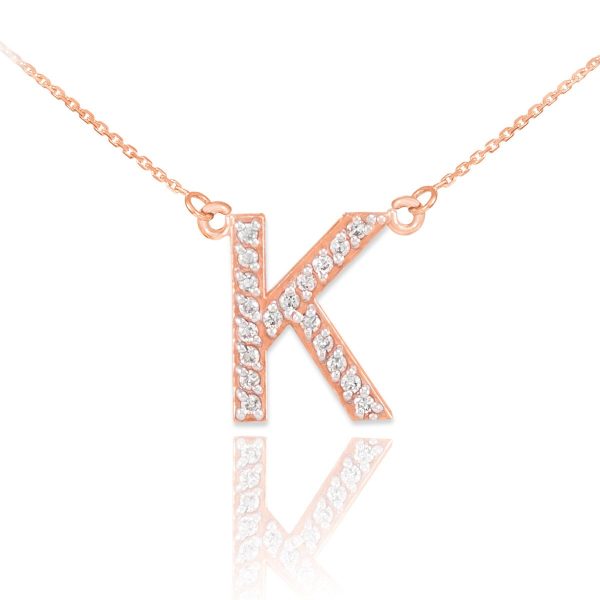 Letter K Diamond Embellished Initial Pendant Necklace in 9ct Rose Gold