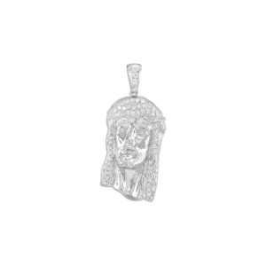 Men's CZ Jesus Face Pendant Necklace in 9ct White Gold