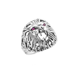 Men's Red CZ Openwork Lion Head Ring in Sterling Silver