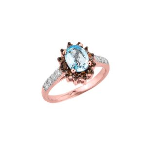 Oval Cut Aquamarine & Champagne Diamond Ring in 9ct Rose Gold