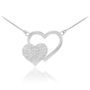 Diamond Pavé Twin Hearts Pendant Necklace in 9ct White Gold