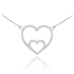 Diamond Double Heart Pendant Necklace in 9ct White Gold