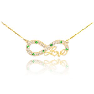 Emerald & Diamond Love Script Infinity Pendant Necklace in 9ct Gold