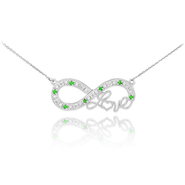 Emerald & Diamond Love Script Infinity Pendant Necklace in 9ct White Gold