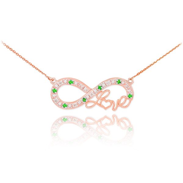 Emerald & Diamond Love Script Infinity Pendant Necklace in 9ct Rose Gold