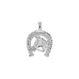 Horse Head Horseshoe Charm Pendant Necklace in 9ct White Gold