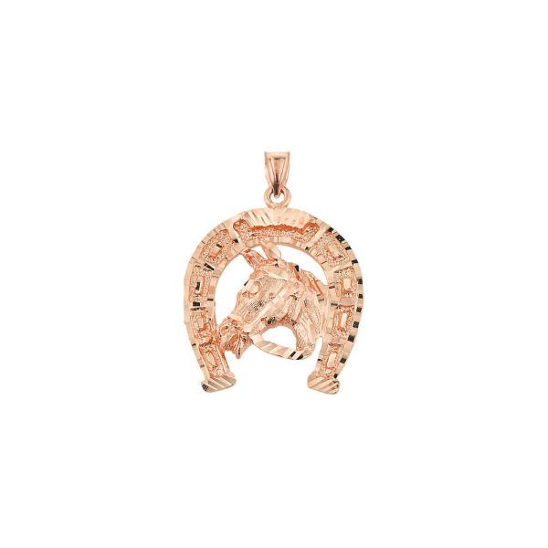 Horse Head Horseshoe Charm Pendant Necklace in 9ct Rose Gold