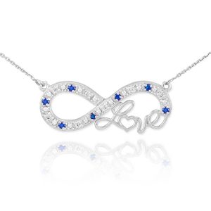 Sapphire & Diamond Love Script Infinity Pendant Necklace in 9ct White Gold