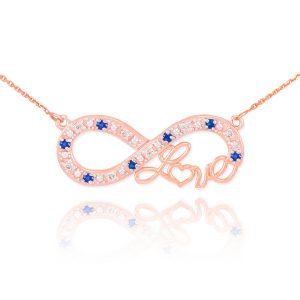 Sapphire & Diamond Love Script Infinity Pendant Necklace in 9ct Rose Gold