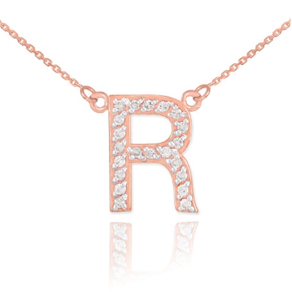 Letter R Diamond Embellished Initial Pendant Necklace in 9ct Rose Gold