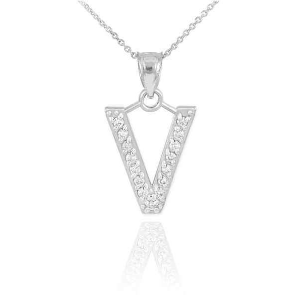 Letter V Diamond Embellished Drop Pendant Necklace in 9ct White Gold