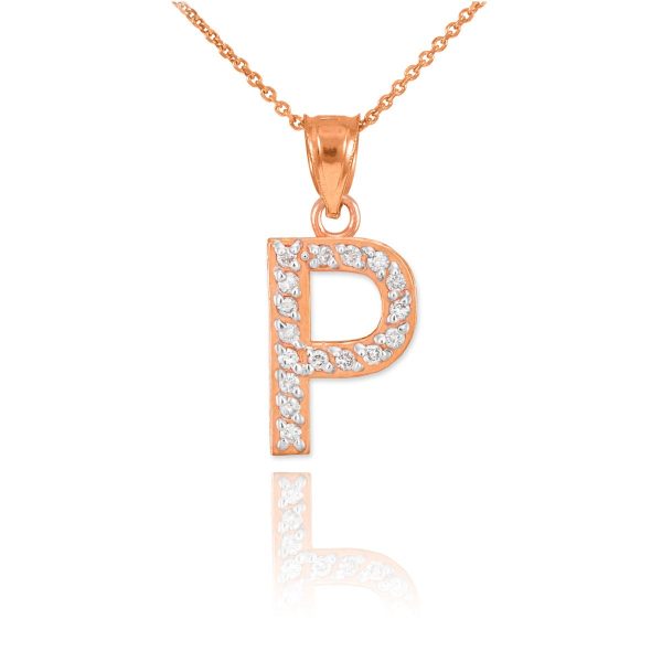 Letter P Diamond Embellished Drop Pendant Necklace in 9ct Rose Gold