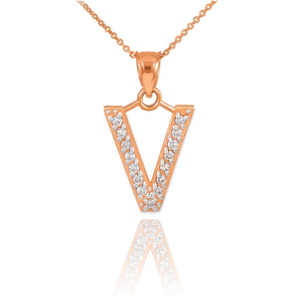 Letter V Diamond Embellished Drop Pendant Necklace in 9ct Rose Gold