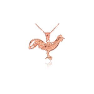 Textured Rooster Charm Pendant Necklace in 9ct Rose Gold