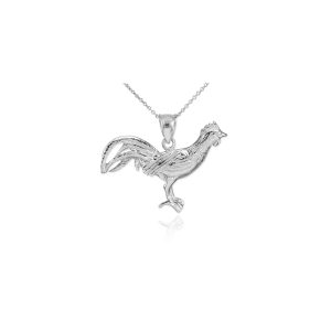 Textured Rooster Charm Pendant Necklace in Sterling Silver