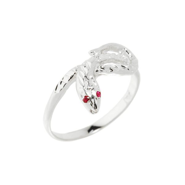 Red CZ Precision Cut Snake Ring in 9ct White Gold