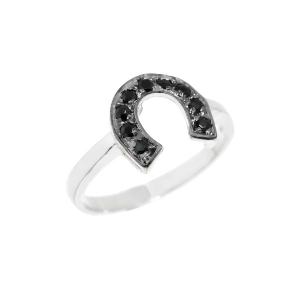 Black Diamond Embellished Horseshoe Ring in 9ct White Gold