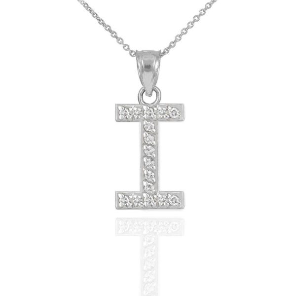 Letter I CZ Embellished Drop Pendant Necklace in Sterling Silver