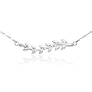 Sleek Olive Branch Pendant Necklace in 9ct White Gold