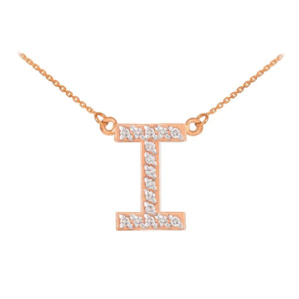 Letter I Diamond Embellished Initial Pendant Necklace in 9ct Rose Gold