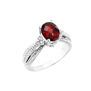 Garnet & Diamond Filigree Gemstone Ring in 9ct White Gold